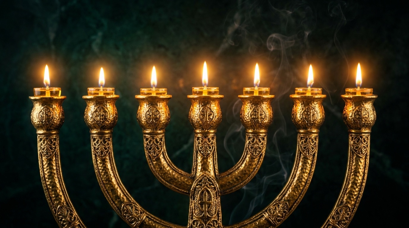 Golden seven-branched menorah with burning flames