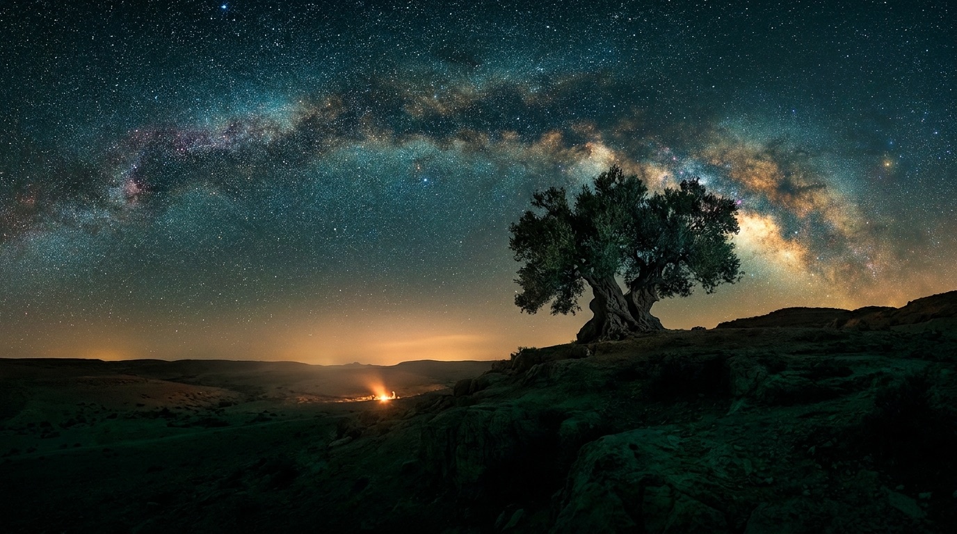 Ancient olive tree beneath a sky full of stars