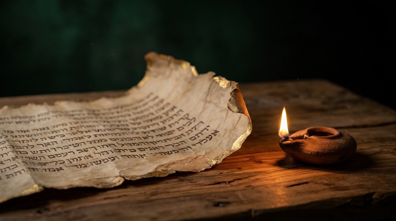 Ancient Hebrew scroll beside a burning oil lamp